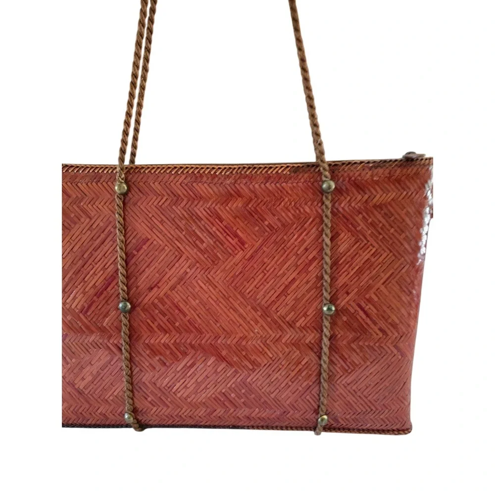 70s Vintage Woven Straw Purse Rope Shoulder Straps Brown‎